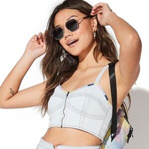 Vylette Juniors Denim Bralette Crop Top Size L NWT Embroidered Stretch